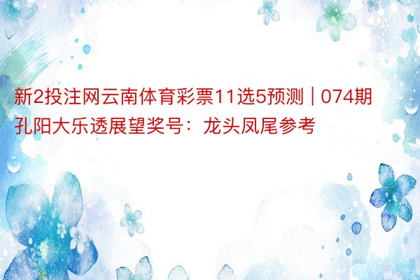 新2投注网云南体育彩票11选5预测 | 074期孔阳大乐透展望奖号：龙头凤尾参考